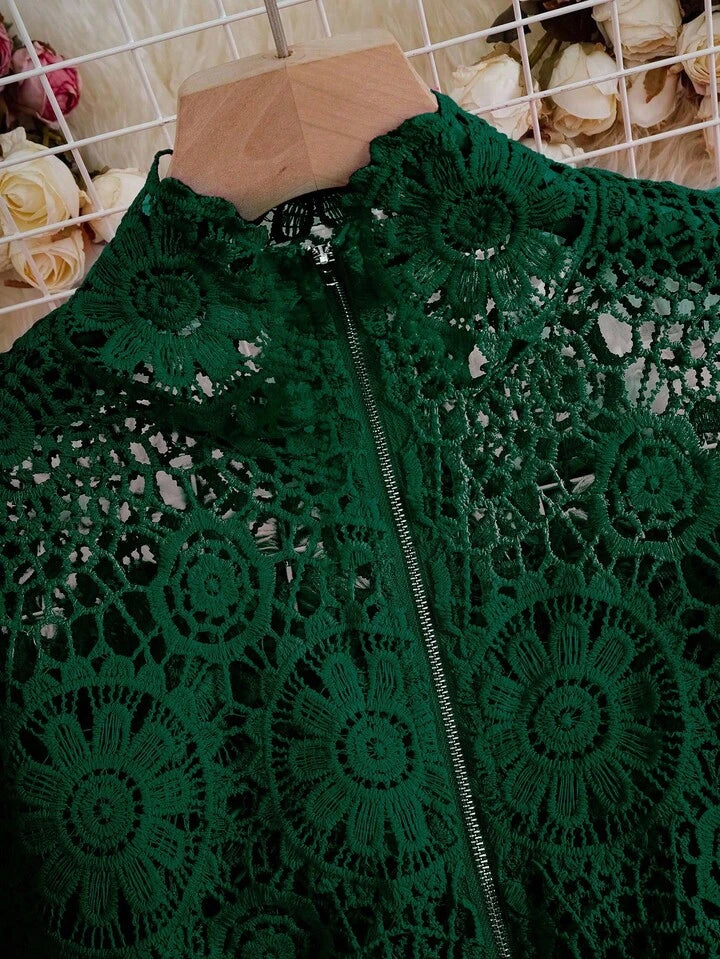 CM-TS166566 Women Casual Seoul Style Floral Lace Hollow Zipper Front Long Sleeve Blouse - Dark Green