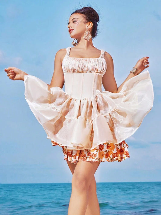 CM-DS844194 Women Trendy Bohemian Style Double-Layer Printed Crashing Bubble Dress - Champagne