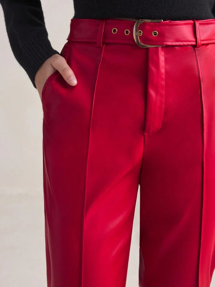 CM-BS973539 Women Elegant Seoul Style High Waist Leather Belted Pencil Pants - Red