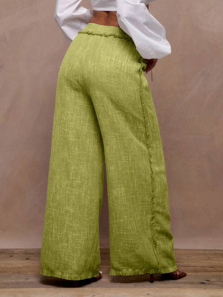 CM-BS684418 Women Trendy Bohemian Style Linen Fray Trim Wide Leg Trouser