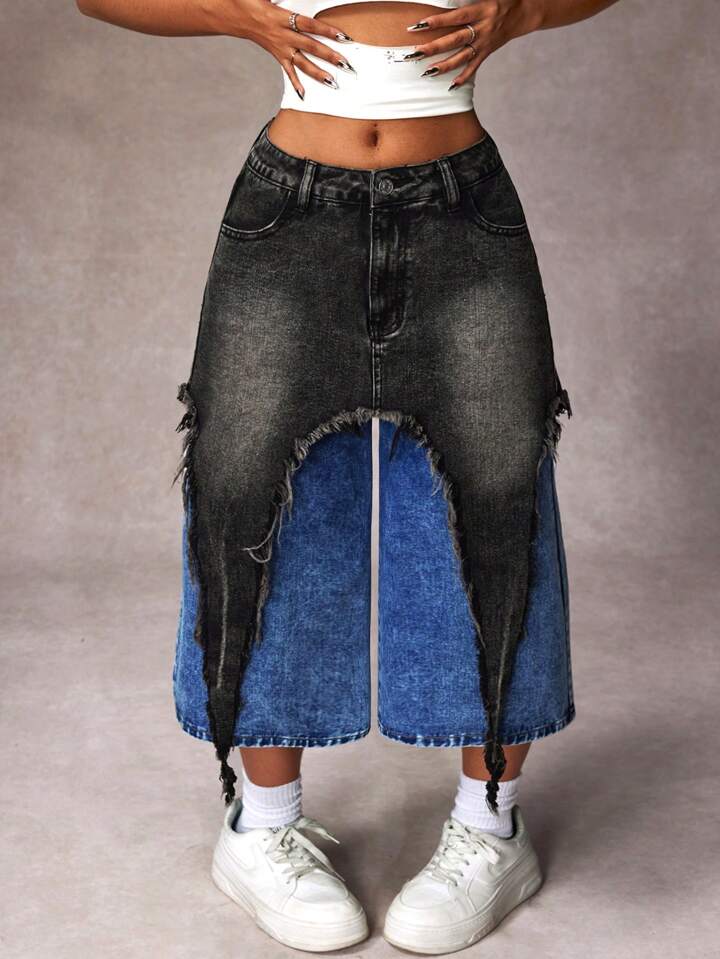 CM-BS335155 Women Casual Seoul Style Contrast Color Pockets Frayed Wide Leg Loose Jeans