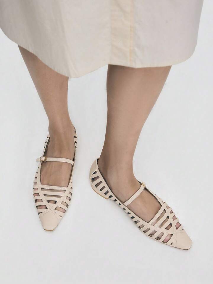CM-SHS954548 Women Trendy Seoul Style Minimalist Hollow Pointed Toe Flats - Beige