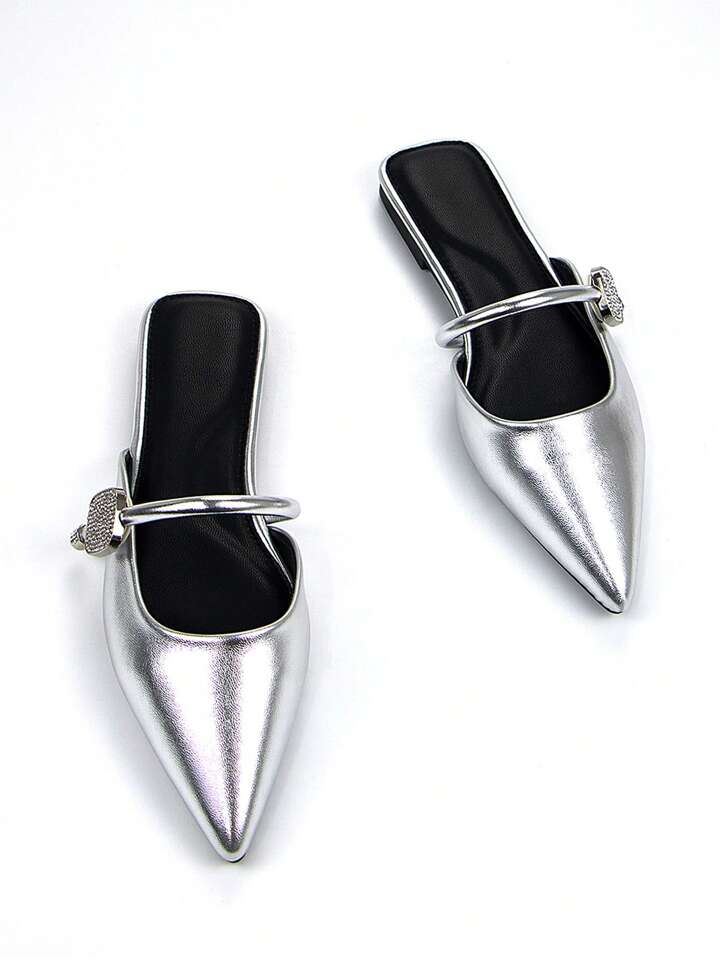 CM-SHS519185 Women Trendy Seoul Style Silver Crystal Encrusted Strap Decor Metallic Point Toe Mules - Silver