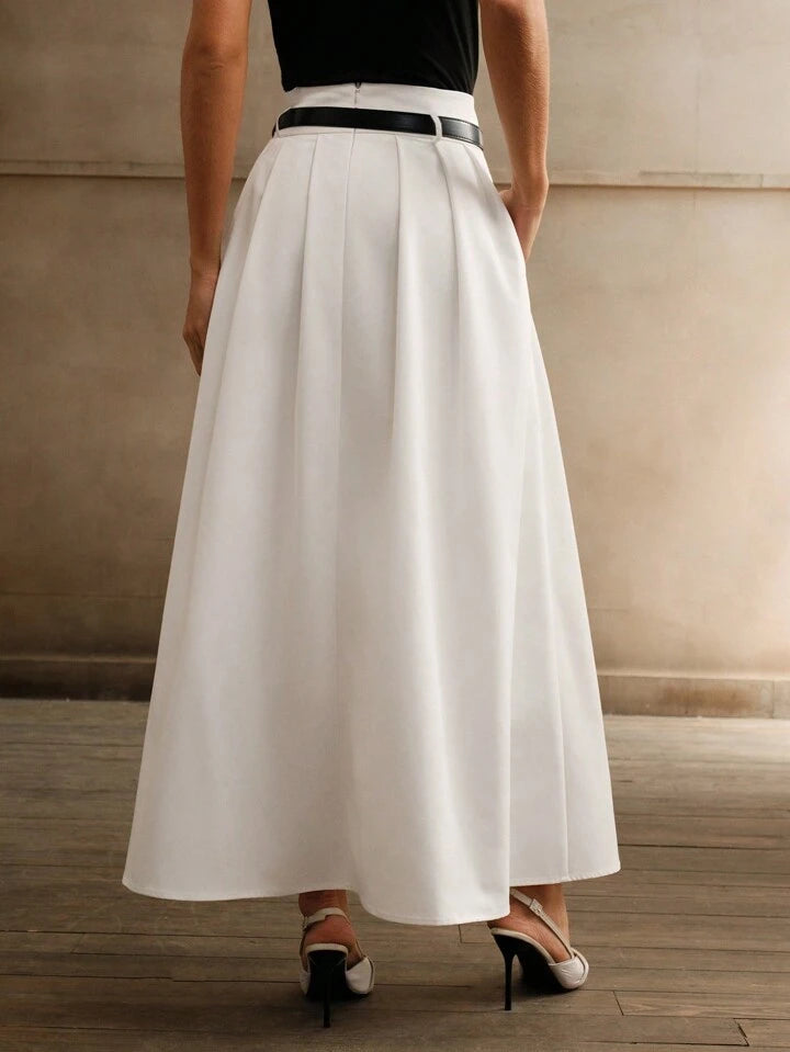 CM-BS004421 Women Elegant Seoul Style High Waist Pleated A-Line Skirt With Belt - White