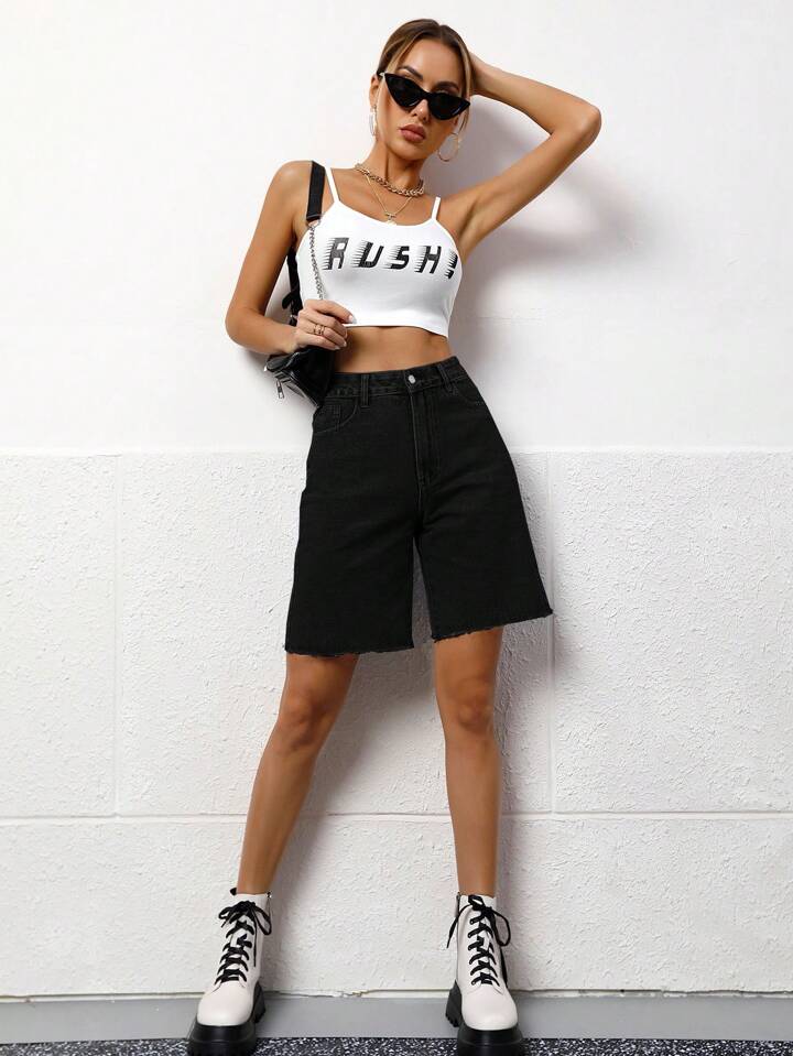 CM-BS280506 Women Casual Seoul Style Solid Color Pocket Frayed Hem Bermuda Denim Shorts - Black