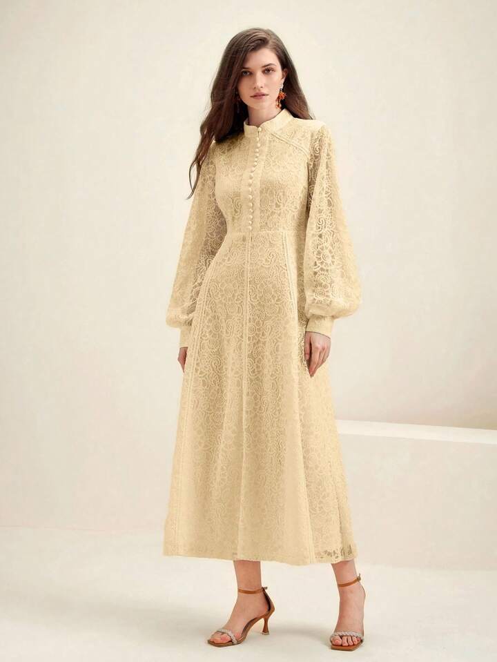 CM-DS007437 Women Elegant Seoul Style Lace Mandarin Collar Long Sleeve A-Line Dress - Apricot
