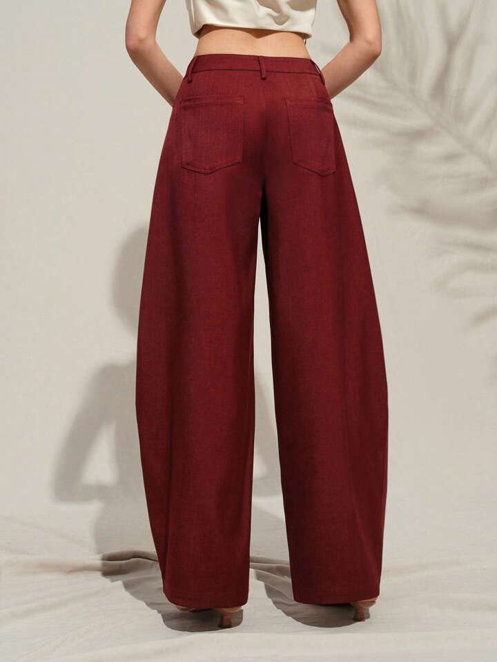 CM-BS980898 Women Casual Seoul Style Belted Flared Wide Leg Pants - Burgundy
