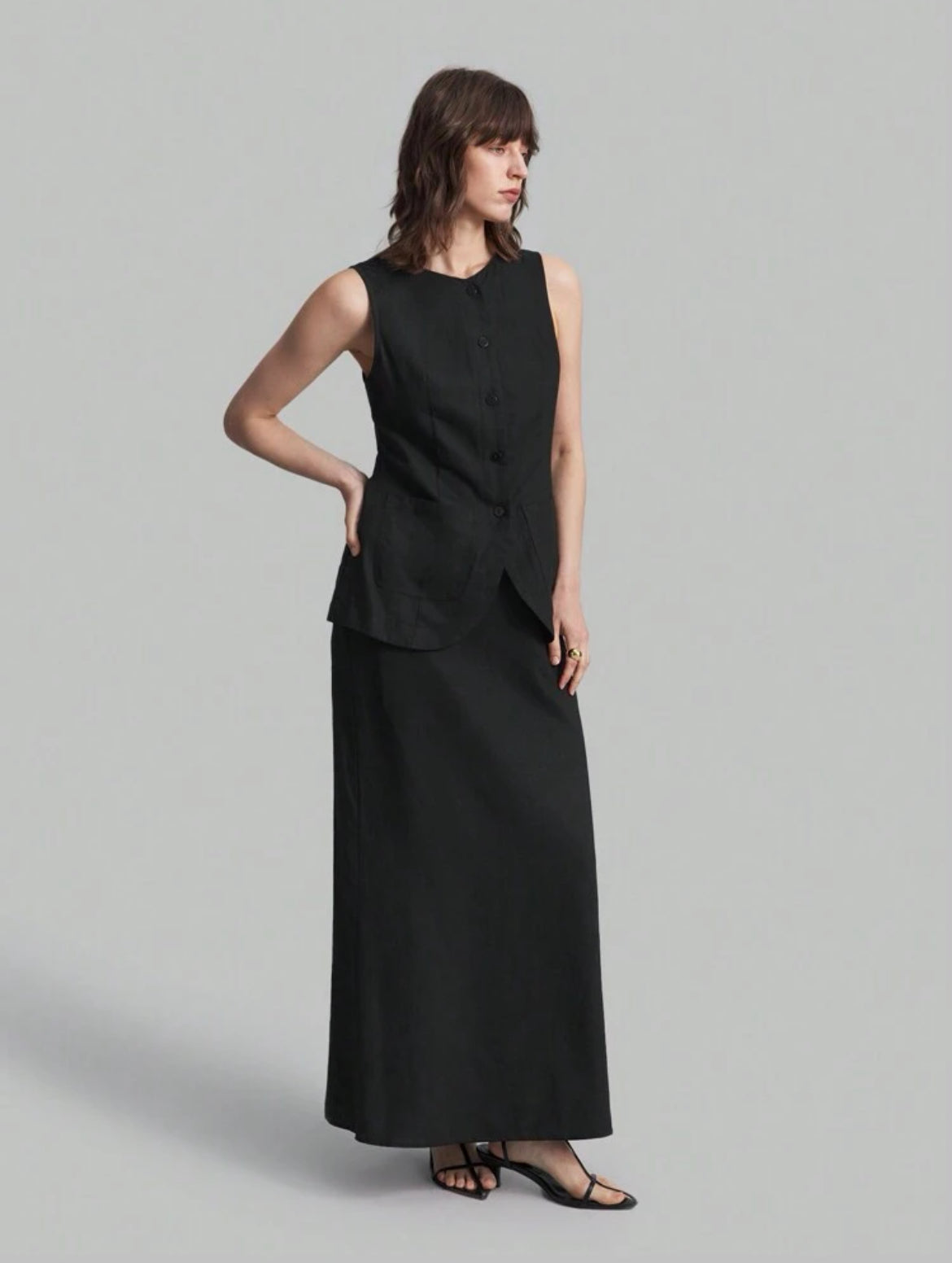 CM-SS085662 Women Elegant Seoul Style Solid Color Round Neck Sleeveless Top With Long Skirt - Set