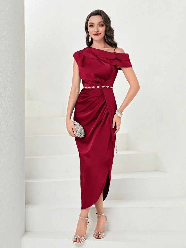CM-DS660632 Women Elegant Seoul Style Asymmetric Neckline Waist-Cinched Ruffle Hem Dress