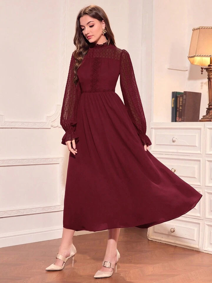 CM-DS265256 Women Elegant Seoul Style Stand Collar Long Sleeve Belted Dress - Burgundy