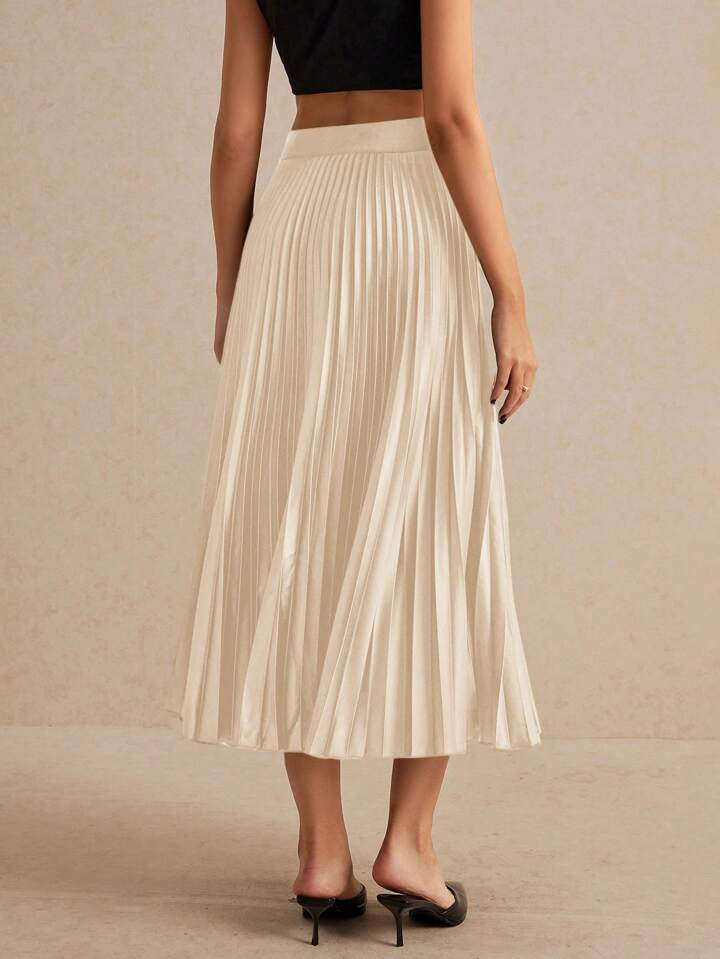 CM-BS060690 Women Elegant Seoul Style High Waist Solid Pleated Skirt - Apricot