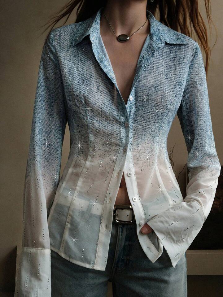 CM-TS152668 Women Elegant Seoul Style Gradient Rhinestone Stand-Up Collar Long Sleeve Blouse - Blue