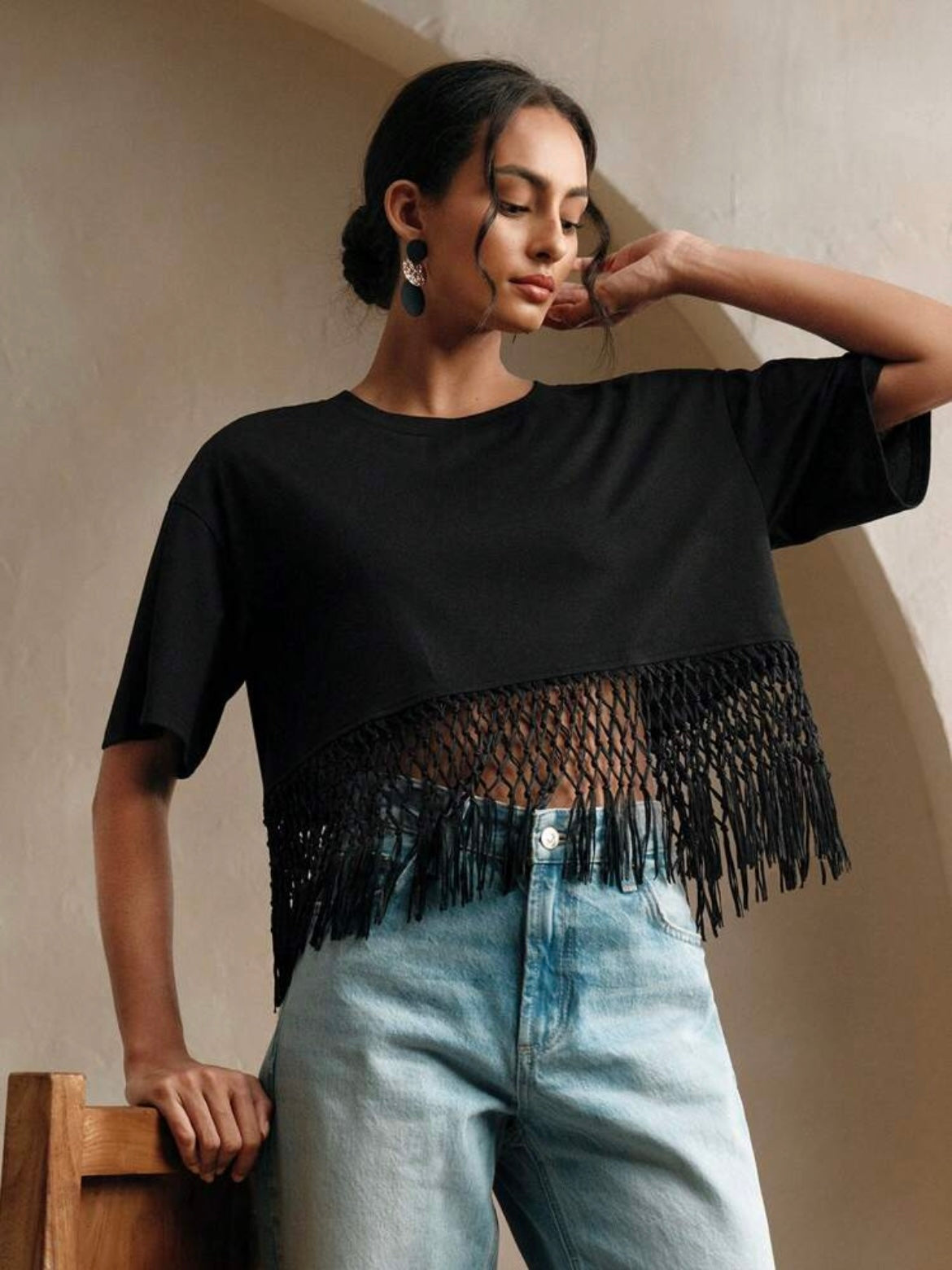 CM-TS048023 Women Trendy Bohemian Style Round Neck Short Sleeve Braided Tassel Patchwork T-Shirt