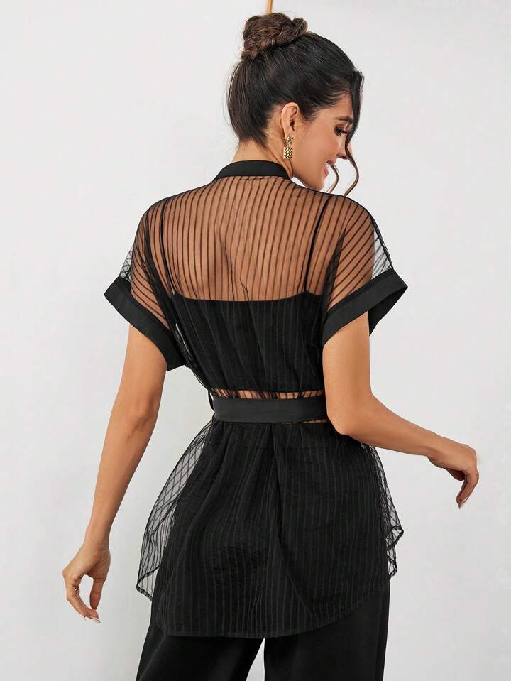 CM-TS823772 Women Casual Seoul Style Striped Mesh Batwing Short Sleeve Shirt - Black