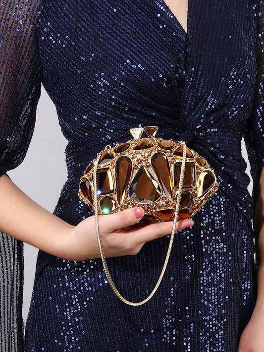 CM-BGS901900 Women Trendy Seoul Style Hollow Out Rhinestone Decorated Evening Bag - Brown