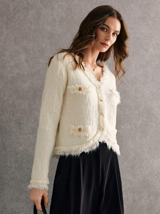 CM-CS640675 Women Casual Seoul Style Metal Buttons Patchwork Fringe Trim Single Breasted Cardigan