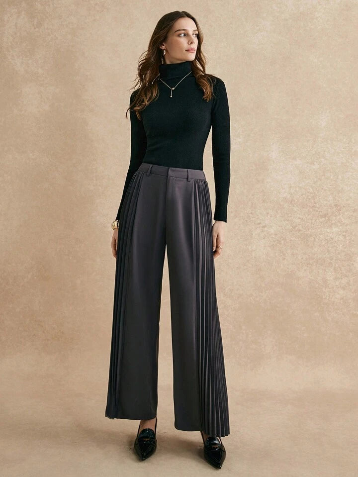 CM-BS793012 Women Elegant Seoul Style Solid Color Pleated Loose Wide-Leg Pants - Gray