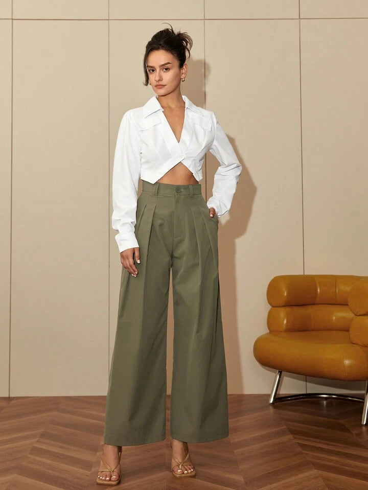 CM-BS394412 Women Elegant Seoul Style Pleated Wide Leg Suit Pants - Army Green