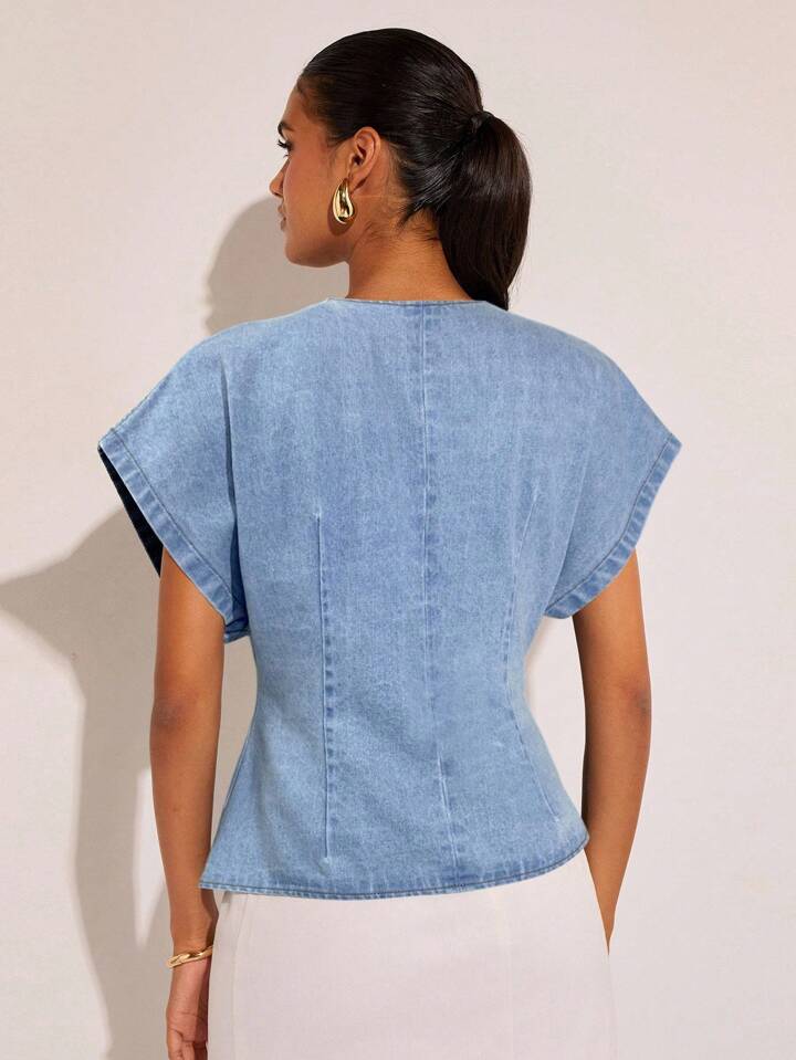 CM-TS516556 Women Casual Seoul Style Single-Button V-Neck Batwing Sleeve Denim Blouse - Baby Blue