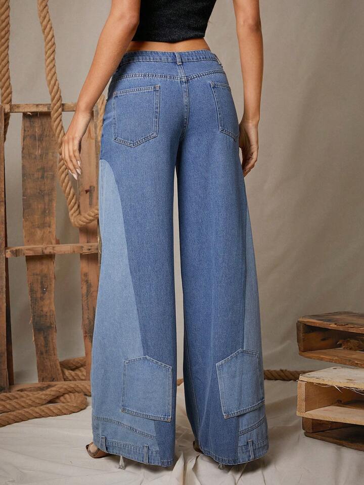 CM-BS105007 Women Casual Seoul Style Loose Pockets Extra Long Wide Leg Jeans - Blue