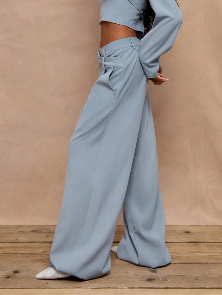 CM-BS159727 Women Casual Seoul Style Drop Waist Double Waisband Straight Leg Trousers