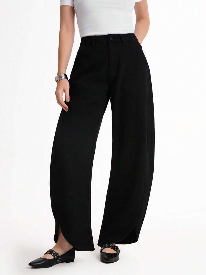 CM-BS928258 Women Casual Seoul Style High Waist Extra Long Loose Fit Wide Leg Jeans - Black
