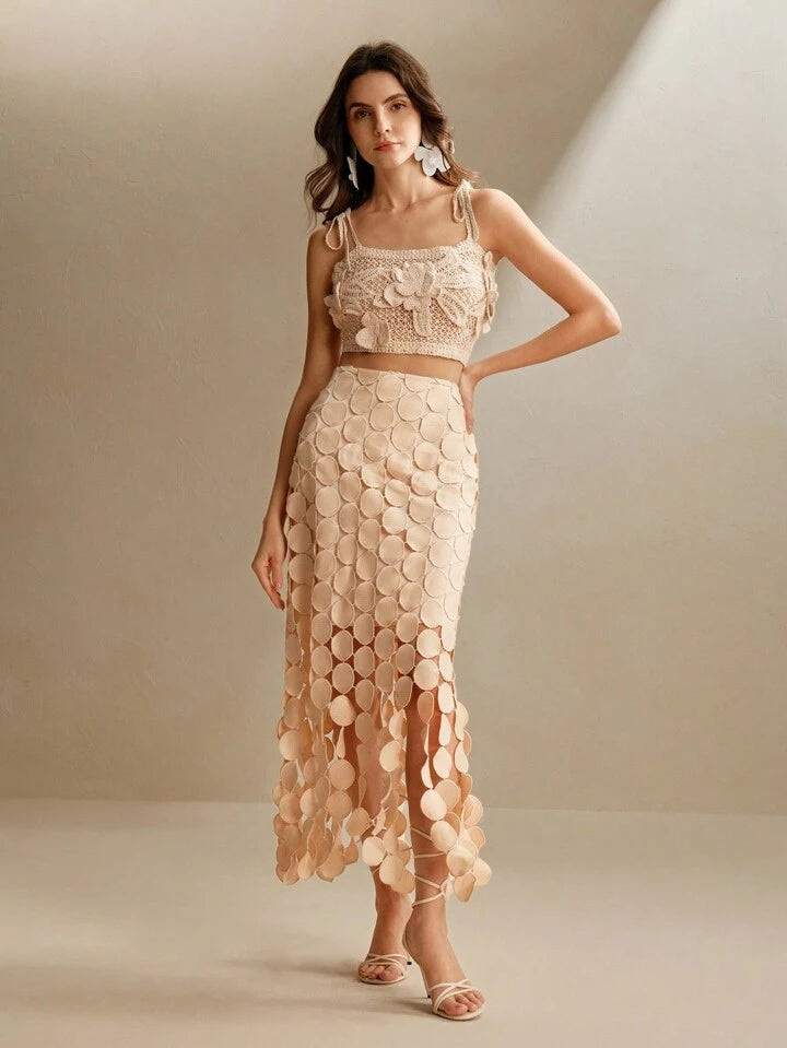 CM-BS311546 Women Trendy Bohemian Style Laser Cut Multi Circle Double Layered Maxi Skirt - Apricot