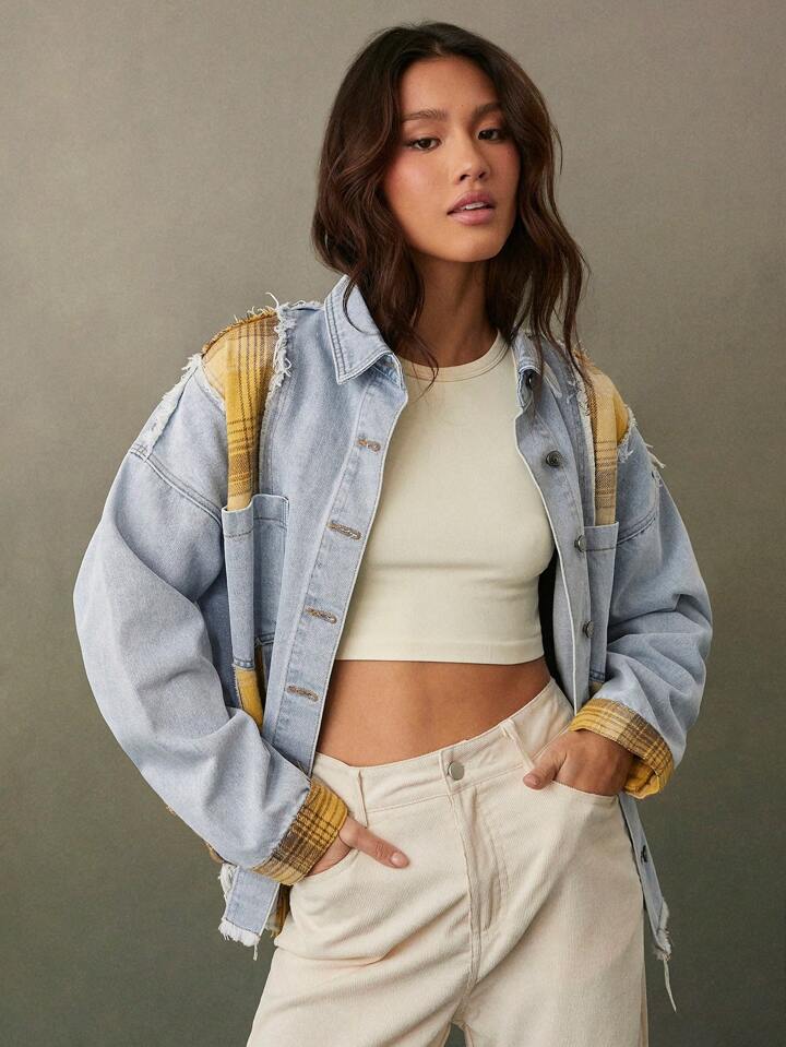 CM-CS424224 Women Casual Seoul Style Light Wash Collar Neckline Long Sleeve Colorblock Patchwork Denim Jacket