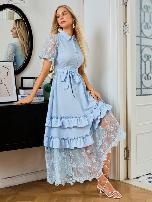 CM-DS744310 Women Elegant Seoul Style Mesh Embroidered Puff Sleeve Dress - Blue