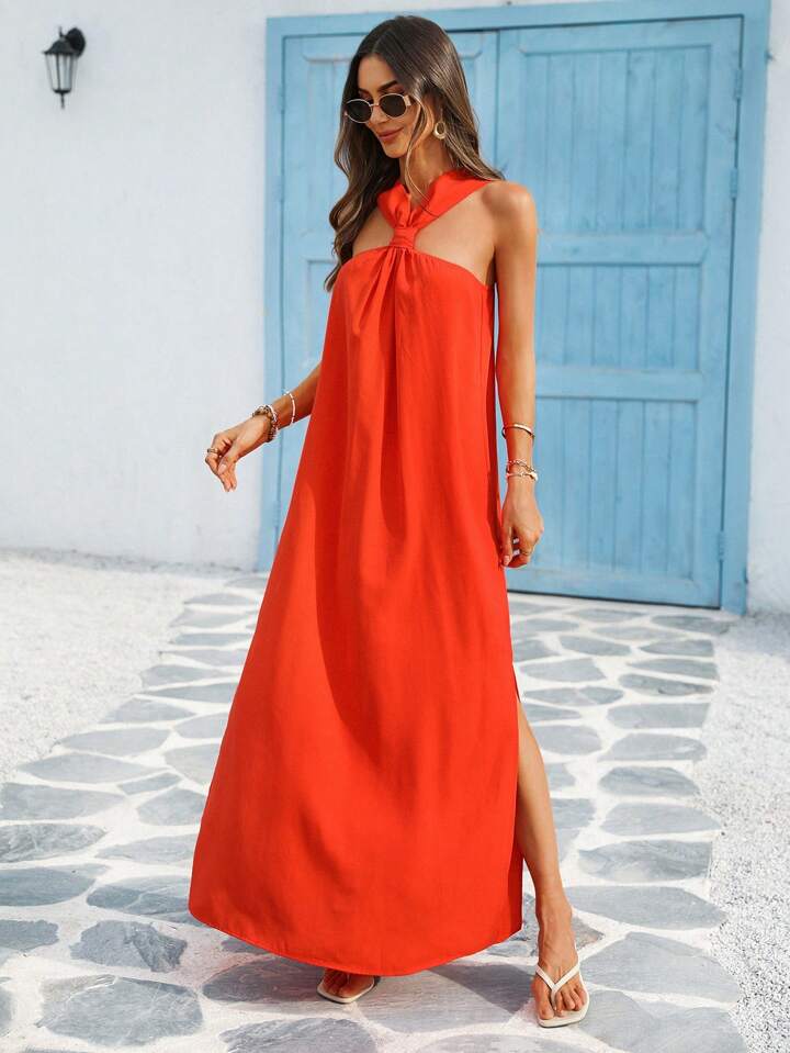 CM-DS042121 Women Trendy Bohemian Style Sleeveless Backless Side-Slit Beach Dress - Orange