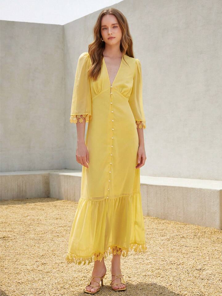 CM-DS080130 Women Elegant Seoul Style Deep V-Neck Floral Lace Trim 3/4 Sleeve Button Design A-Line Dress - Yellow