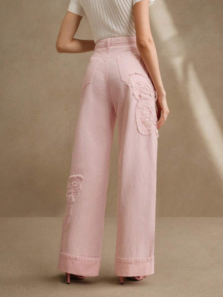 CM-BS264669 Women Casual Seoul Style Mid Waist Embroidered Straight Leg Jeans - Pink