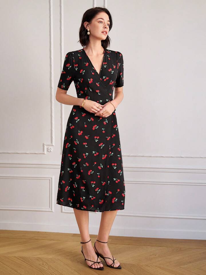 CM-DS467484 Women Trendy Bohemian Style V-Neck Cherry Print A-Line Midi Dress