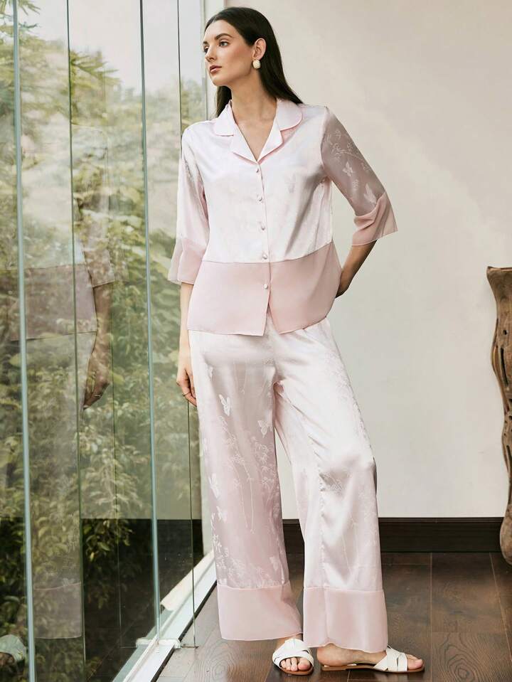 CM-LS048655 Women Trendy Seoul Style Bamboo Floral Reversible Collar 3/4 Sleeve Pajama Set - Baby Pink