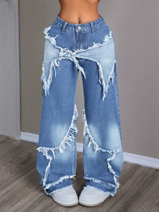 CM-BS141724 Women Casual Seoul Style Medium Wash Fringed Mom Fit Wide Leg Jeans