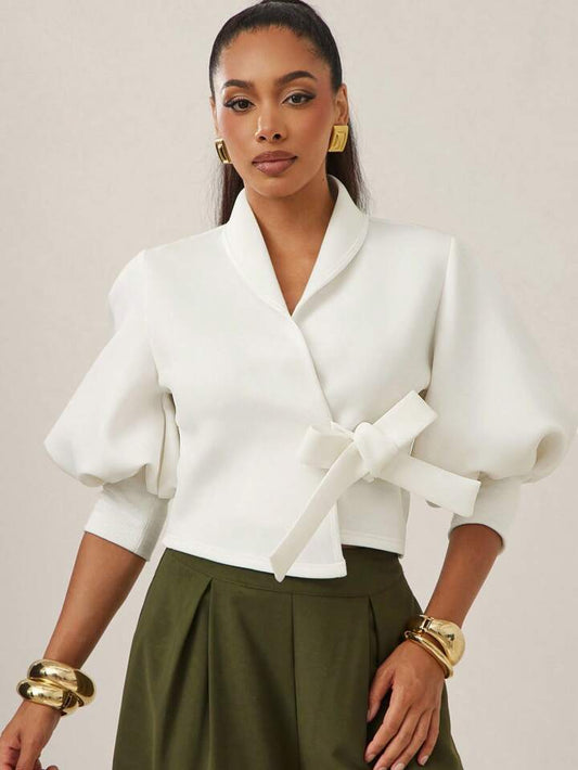 CM-TS619000 Women Elegant Seoul Style Solid Color Puff Sleeve Self Tie Wrap Around Top - White