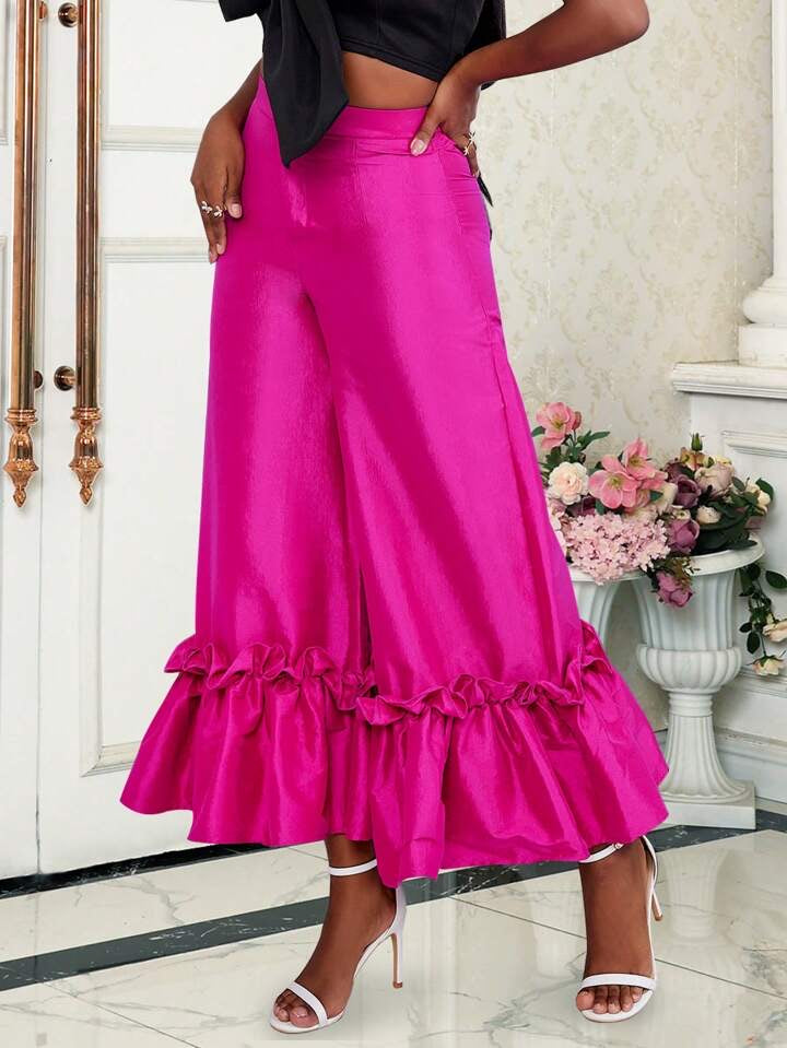 CM-BS544154 Women Elegant Seoul Style Loose Solid Color Pants With Patched Ruffle Hem