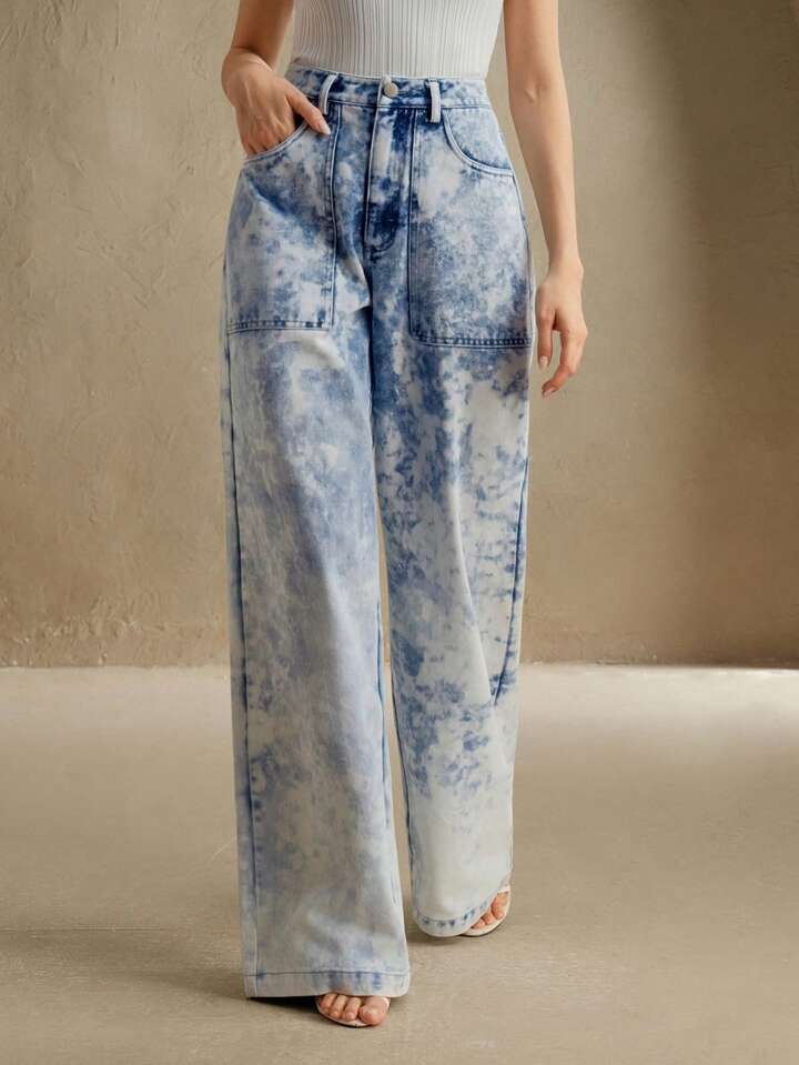 CM-BS002282 Women Elegant Seoul Style Light Wash Mid Waist Batik Tie-Dye Straight Leg Pants