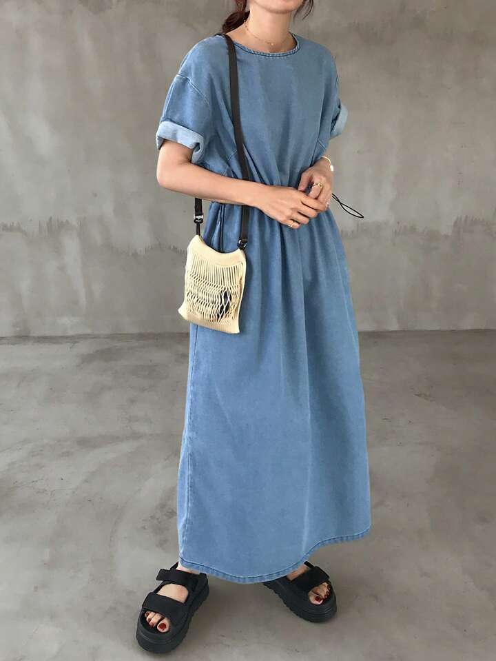 CM-DS589815 Women Casual Seoul Style Round Neck Short Sleeve Drawstring Waist Midi Denim Dress - Blue