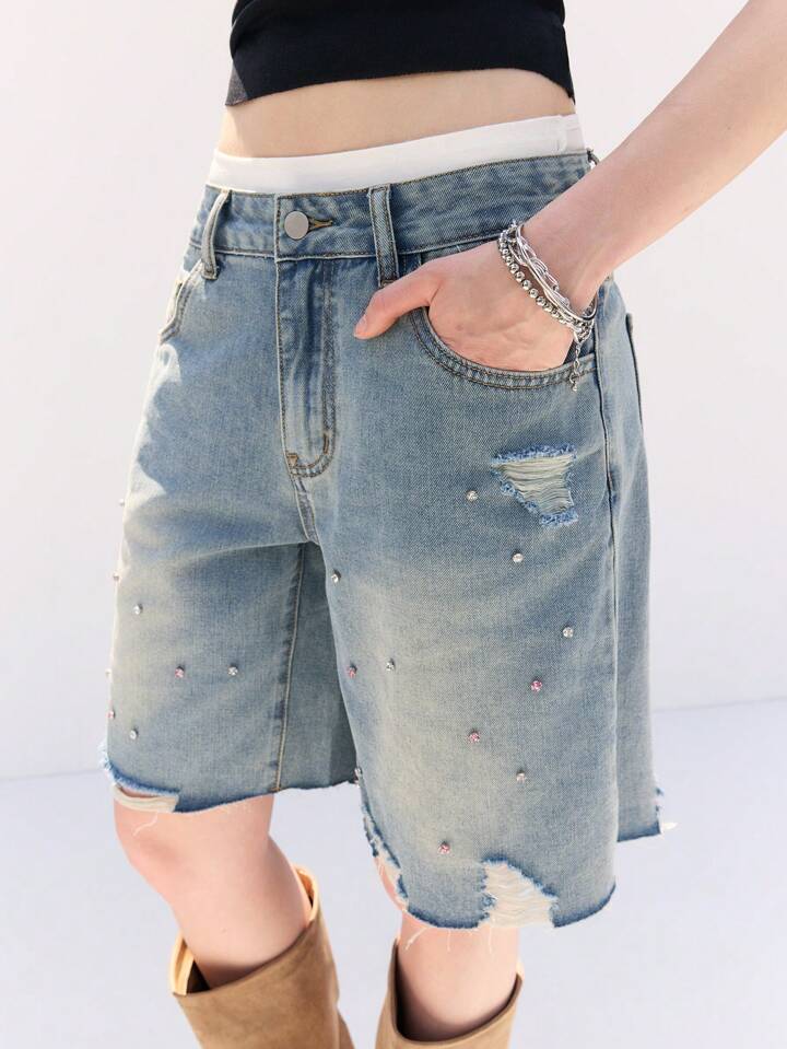 CM-BS022740 Women Casual Seoul Style Rhinestone Decor Pocket Fringe Hem Loose Denim Shorts