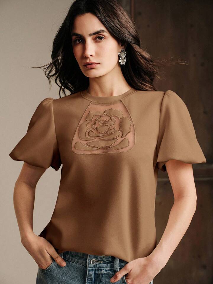 CM-TS128483 Women Elegant Seoul Style Embroidered Rose Round Neck Short Puff Sleeve T-Shirt - Coffee Brown