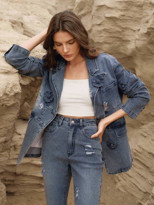 CM-CS412231 Women Elegant Seoul Style Lapel Neckline Single-Breasted Loose Fit Denim Jacket - Blue
