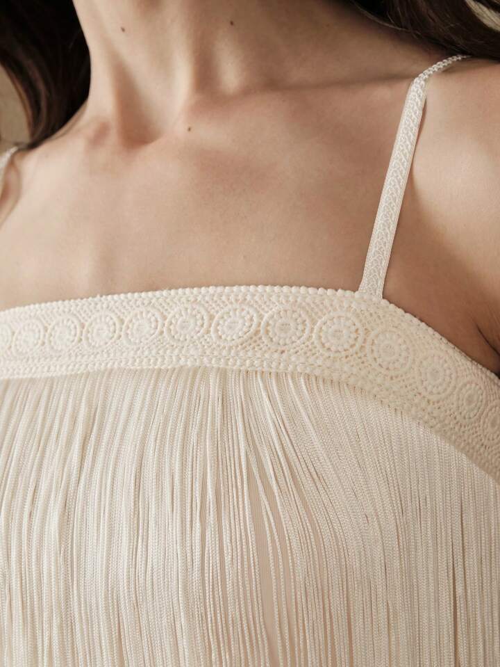 CM-TS027944 Women Elegant Seoul Style Tassel Contrast Lace Off-Shoulder Sleeveless Trim Tank Top - Apricot