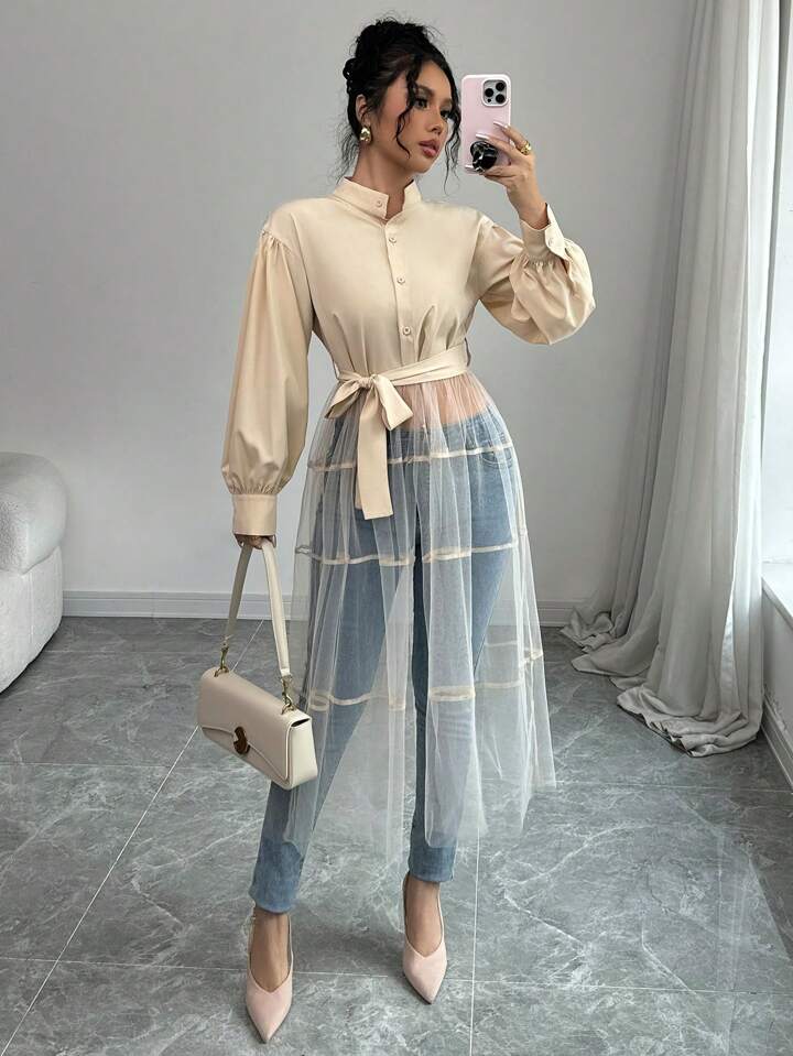 CM-TS484032 Women Casual Seoul Style Front Button Long Sleeve Mesh Contrast Minimalist Blouse