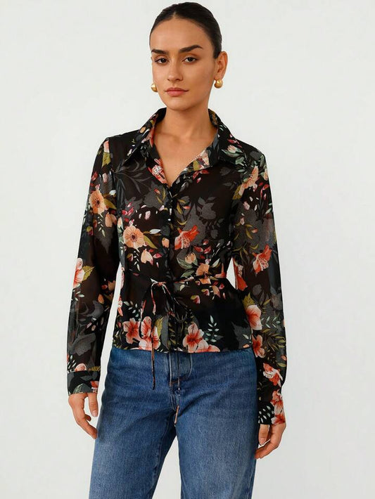 CM-TS572213 Women Casual Seoul Style Lapel Neckline Chiffon All-Over Print Tie Waist Long Sleeve Shirt