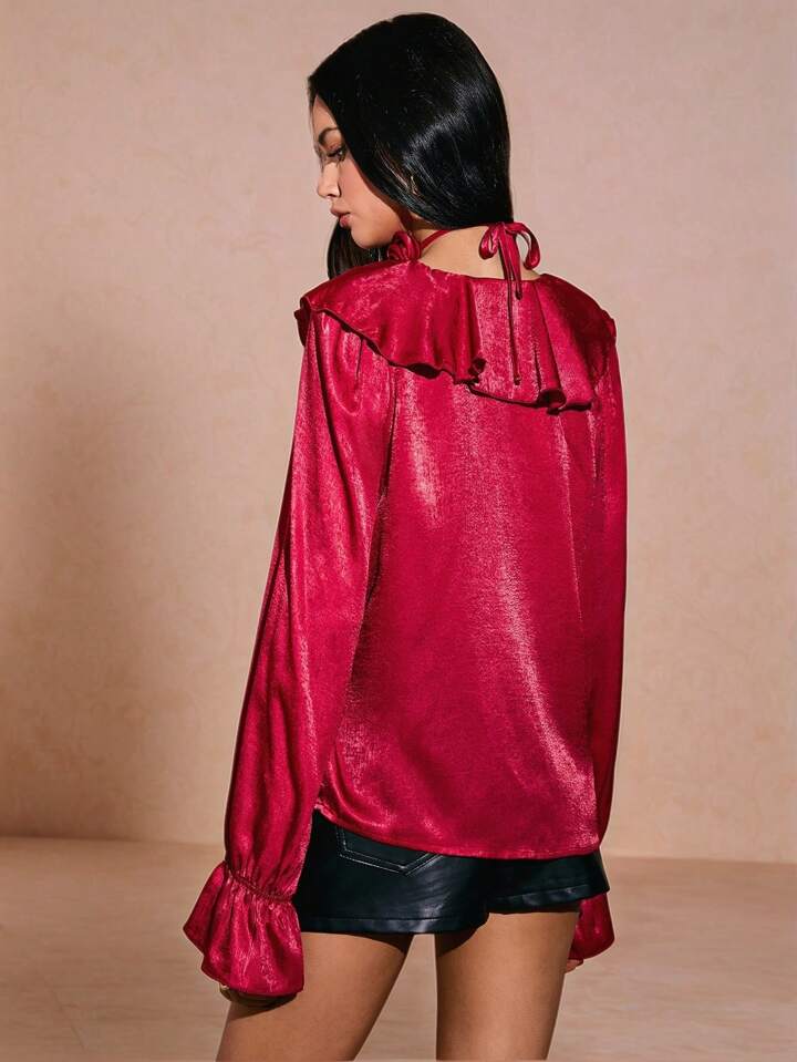CM-TS885481 Women Elegant Seoul Style V-Neck Extra Long Flare Sleeve Ruffled Shirt - Red
