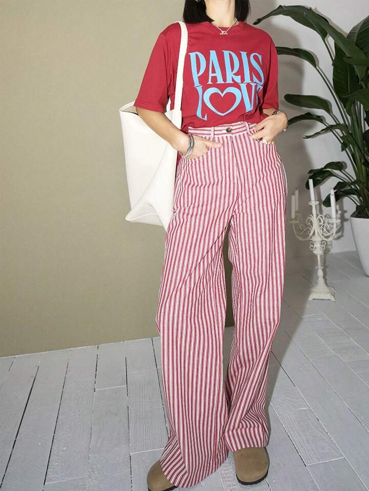 CM-BS350389 Women Casual Seoul Style Striped Loose Straight Leg Pants