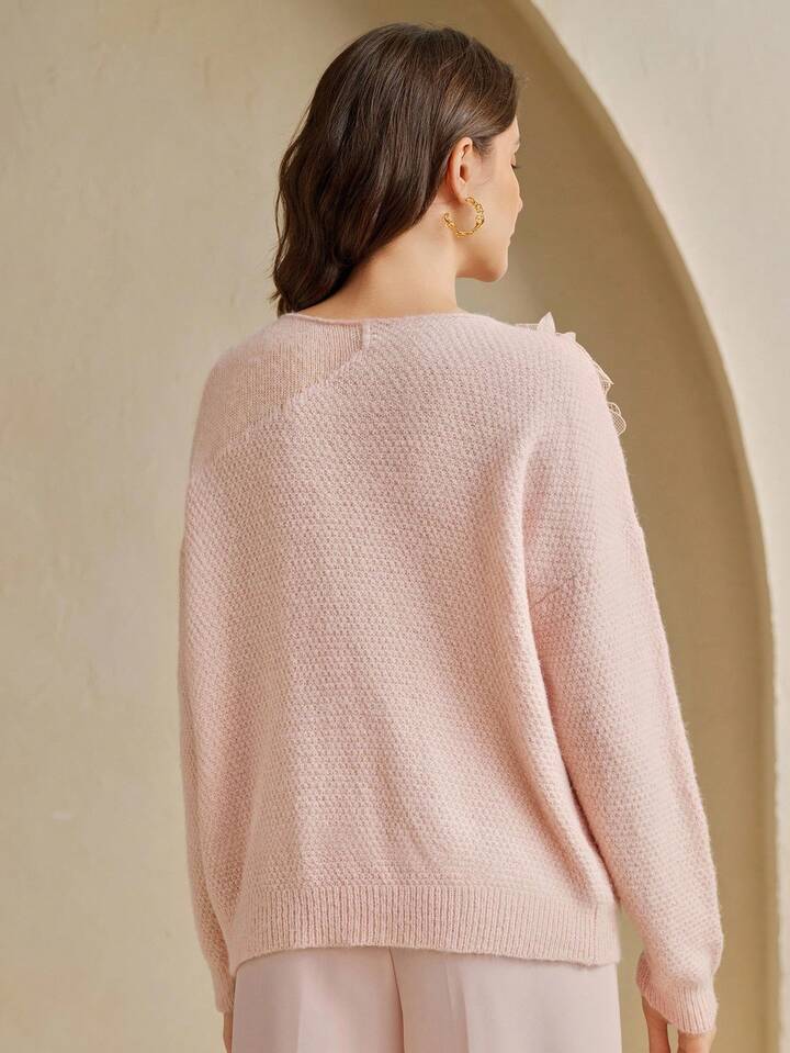 CM-CS688184 Women Elegant Seoul Style Round Neck Hollow-Out 3D Floral Long Sleeve Oversized Sweater - Pink