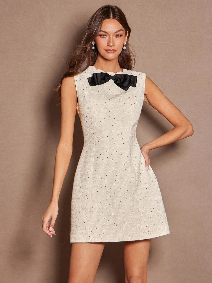 CM-DS212787 Women Elegant Seoul Style Sequin Tweed Cute Bowknot Decor Sleeveless Mini Dress - White