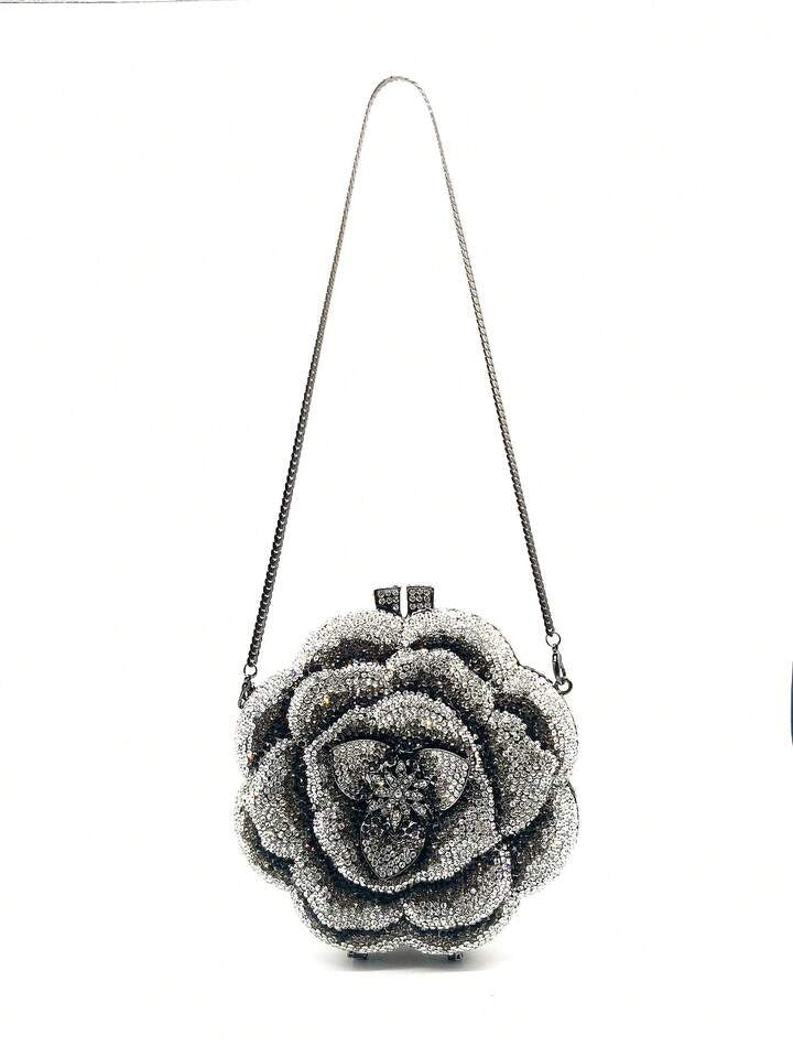 CM-BGS087877 Women Elegant Seoul Style Floral Design Rhinestone Crystal Handmade Clutch Bag - Black